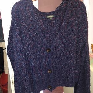 Dark blue cropped cardigan with flecks of color